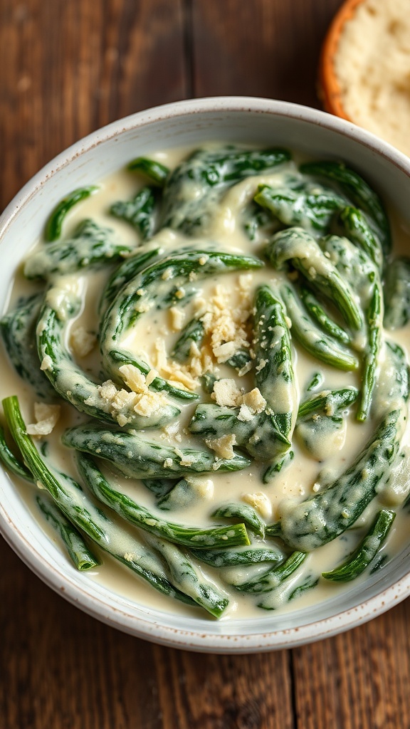 A bowl of creamed spinach with creamy sauce and Parmesan, garnished, on a rustic table.